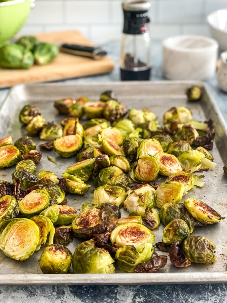 sheet pan with roasted Brussels sprouts